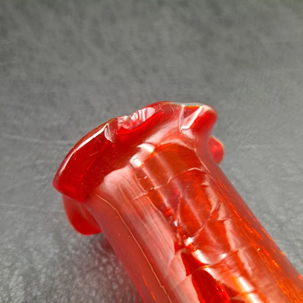Vintage Ruby Red‎ Crackle Glass Bud Vase Ruffled Rim Rigaree Mid Century Modern